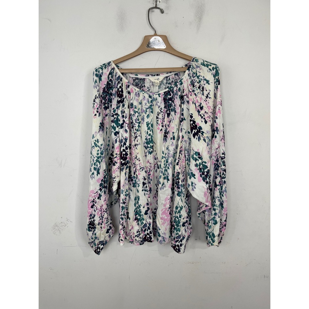 Terra & Sky Womens 2X Floral Watercolor Long Sleeve Blouse Pink Purple Green